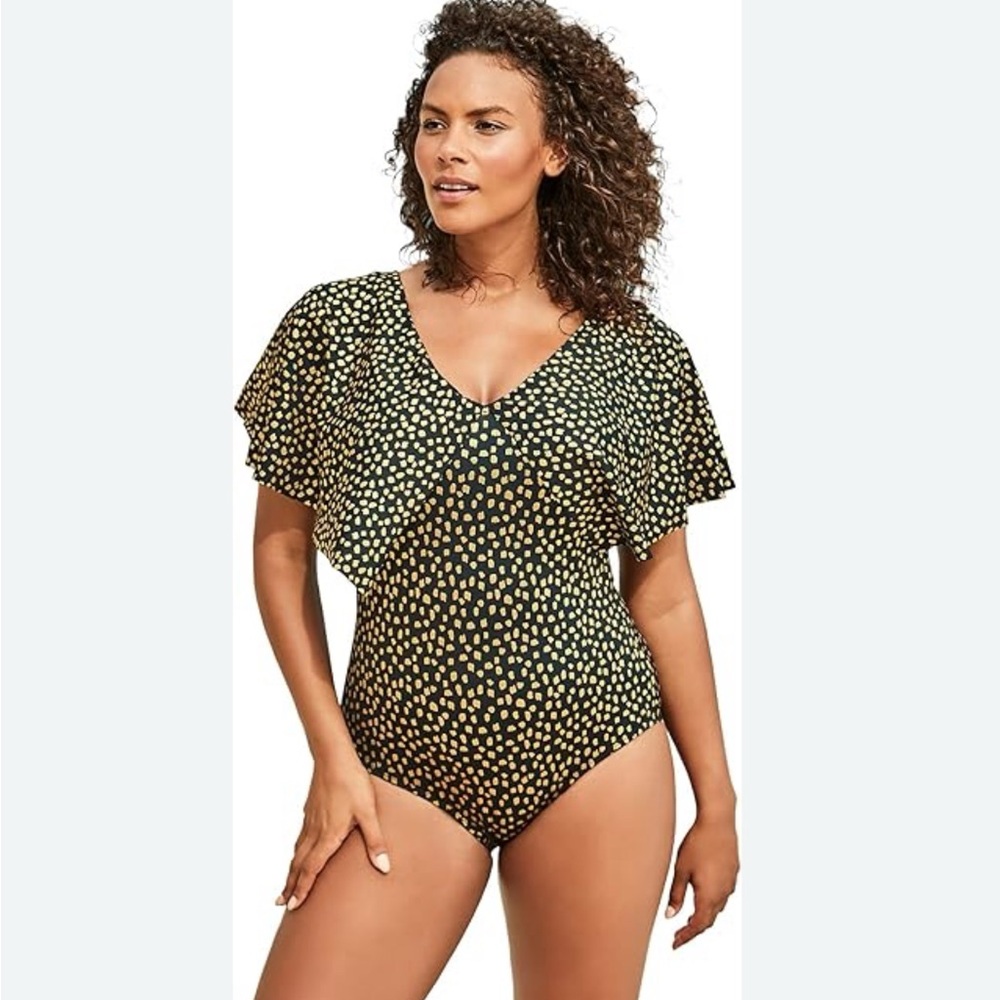 Swimsuits for All Swim 365 Flutter Sleeve One Piece Gold Foil Size 18
